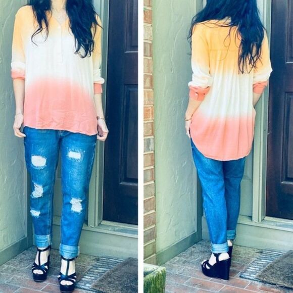 Mod Me Over Tops - Boho V-Neck Tunic Ombre` Button Front Dip Dye Top NEW